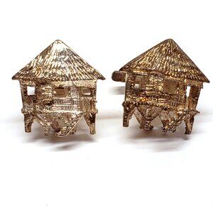 Vintage Beach House Cufflinks Grass Hut Stilted 3D Silvertone Pair Set Lot 0.75"